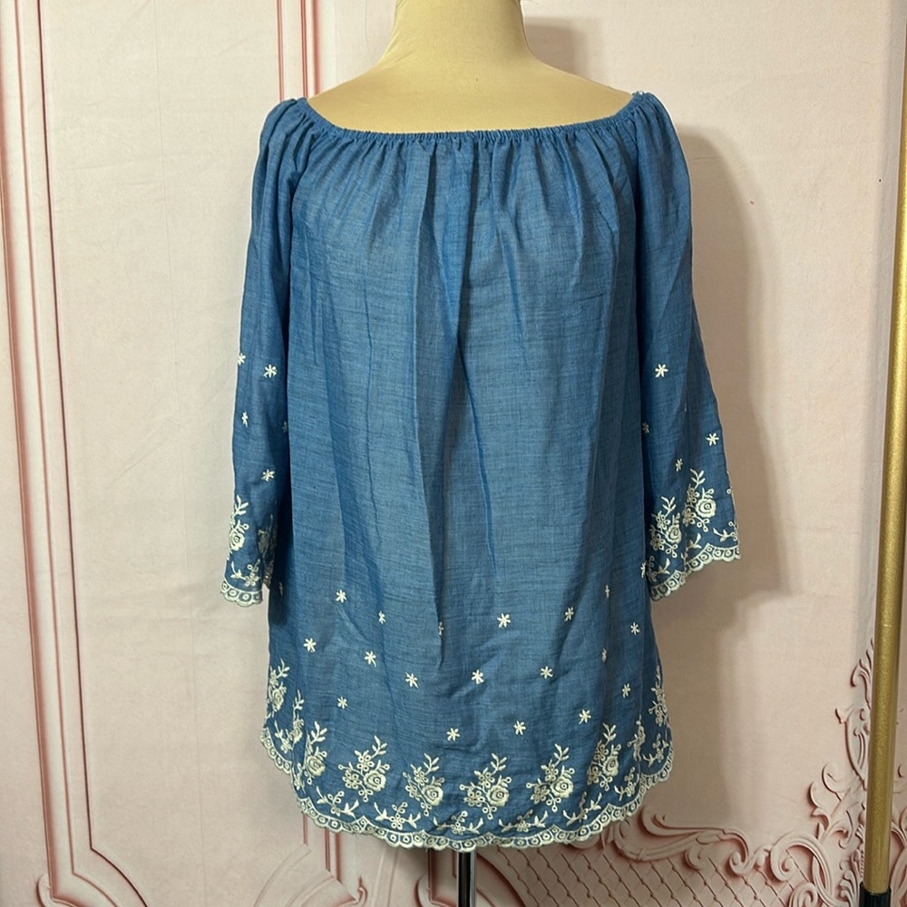 Blue Embroidered Off-Shoulder Blouse